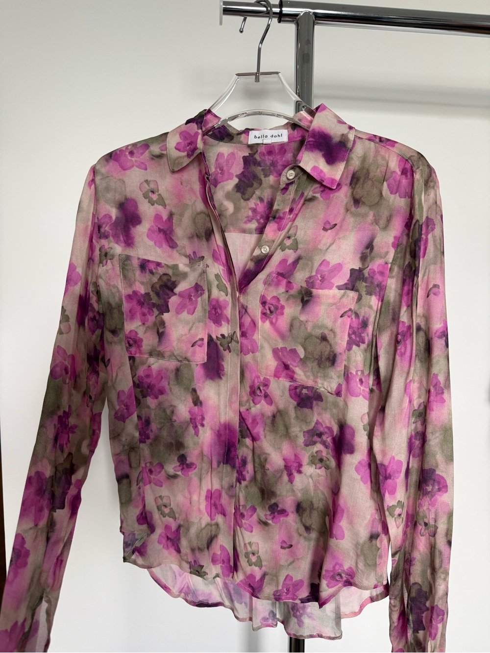 Bella Dahl Pink & Olive Floral Sheer Button-Up Blouse